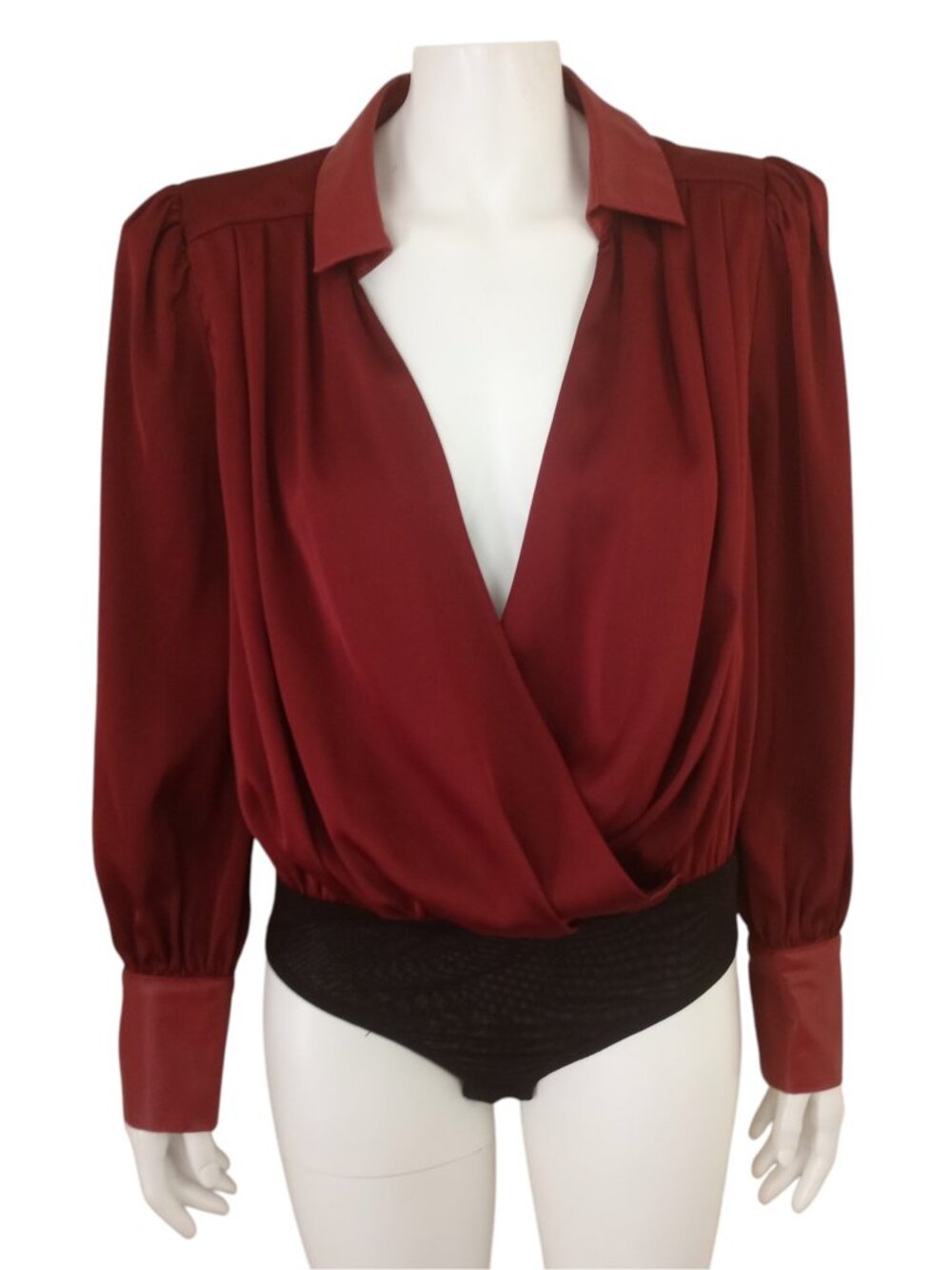 Skylar Rose Burgundy Red Deep Plunge Long Sleeve Bodysuit Womens L